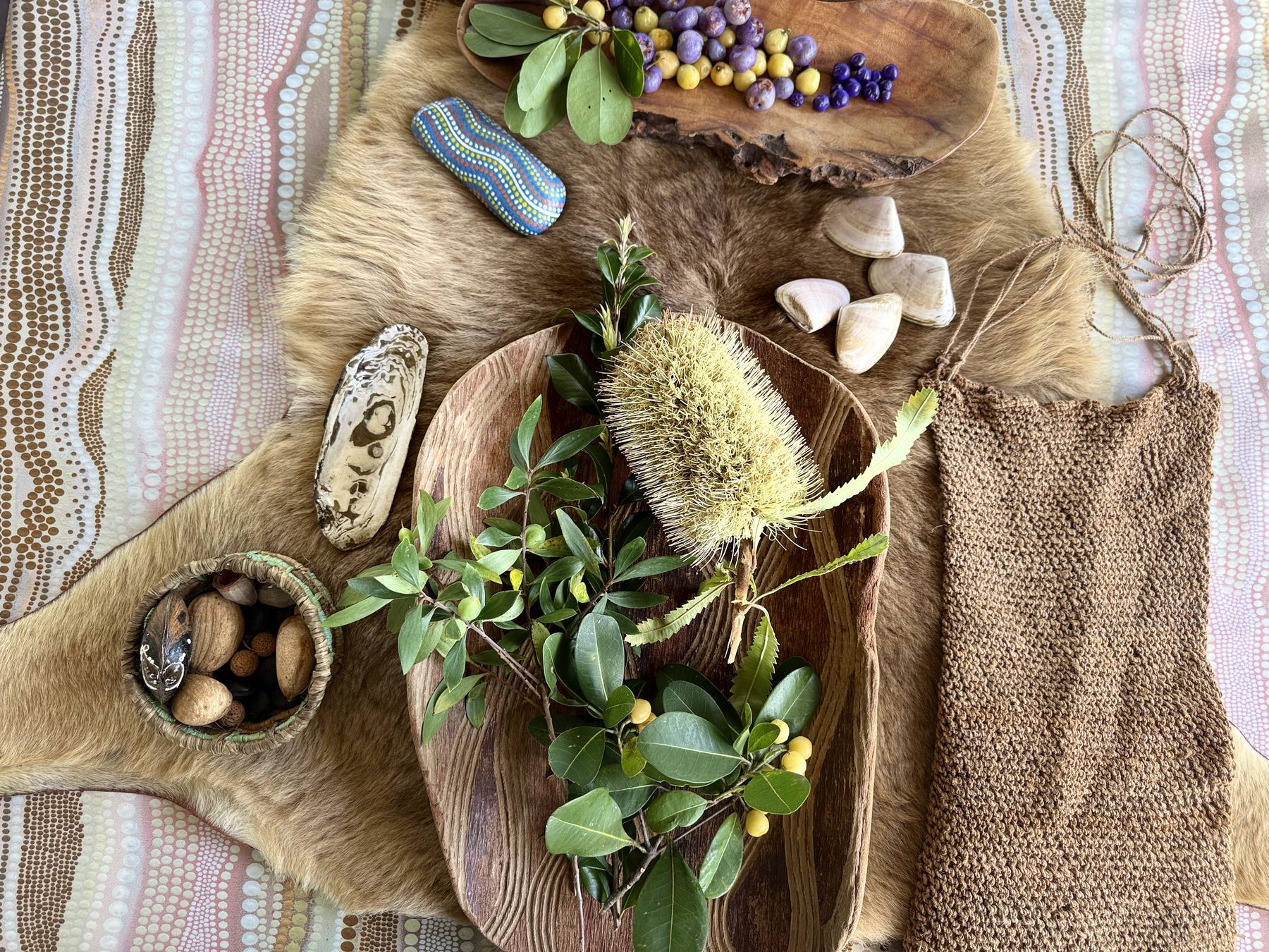 Native berries, a banksia flower, shells, a woven bag and a painted stone laid out on a kangaroo skin